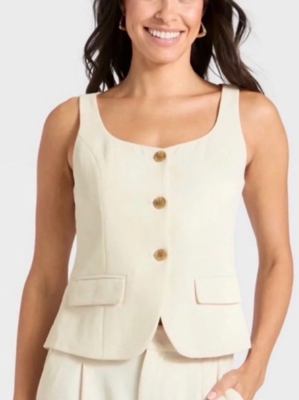 A New Day Cream Scoop Neck Button-Front Sleeveless Vest Top M
